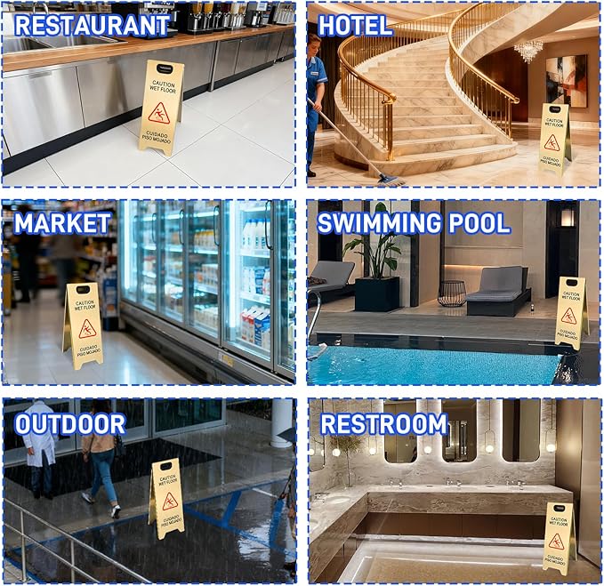 4 Pack Stainless Steel Wet Floor Sign, 24 Inch Caution Wet Floor Sign Portable Foldable Bilingual Safety Warning for Hotel Market Restroom Restaurant Office (Gold)