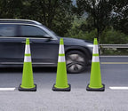 Fluorescent Orange/Green PVC Traffic Cones, Heavy Black Base Parking Lot Cone Structurally Stable Weatherproof Road Construction Safety Cones (4, Green, 36" Extra Large)