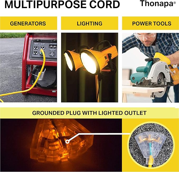 10 Gauge Outdoor Extension Cord 75 ft with 3 Outlets - Weatherproof Heavy Duty Extension Cord, Multiple Outlets 75 Foot, 10/3 SJTW Yellow Cable with 3 Prong Grounded Plug, 15 Amp