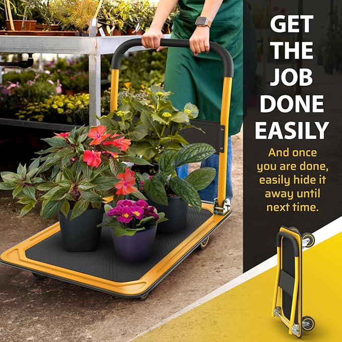 Heavy Duty Foldable Push Cart Dolly | 660 lbs. Capacity | Upgraded Collapsible Hand Truck Folding Platform with Swivel Wheels | Flat Bed Moving Wagon | Space Saving Push Handle (Yellow)