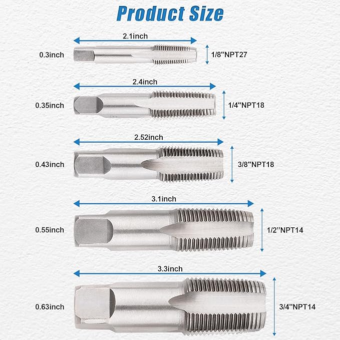 5-Piece NPT Pipe Tap Set, NPT Tap and Die Set with 1/8", 1/4", 3/8", 1/2" and 3/4" Sizes – Carbon Steel Hand Threading Tool for Plumbing, Mechanics, DIY Tasks, Delivers Clean Accurate Threads