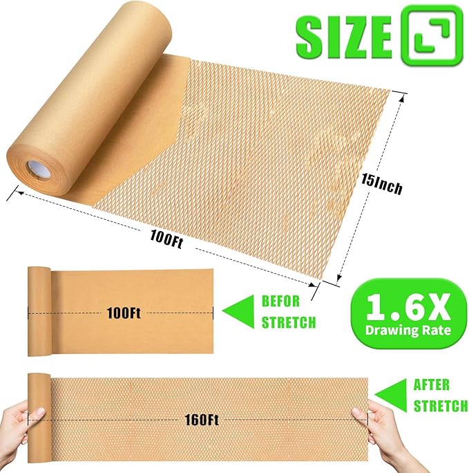 Honeycomb Packing Paper, MINHAO 15"x100' Eco Friendly Packing Paper for Moving Recyclable Honeycomb Paper Moving Supplies Bubble Paper Wrapping Protective Roll, With 36 Fragile Sticker Labels