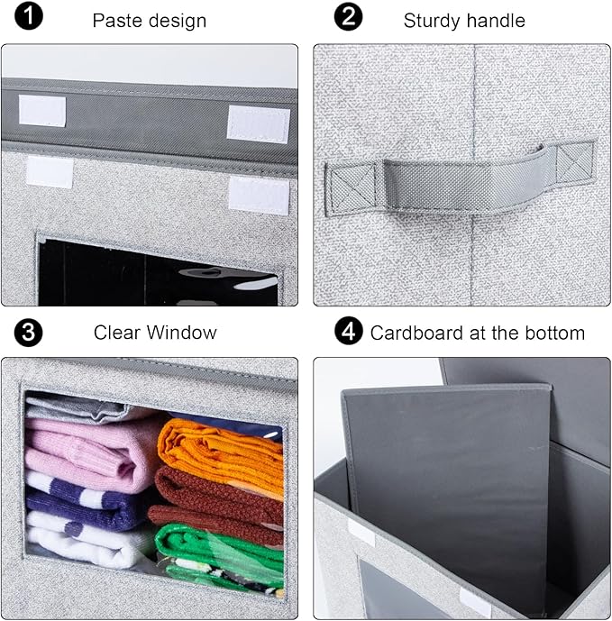 Univivi Fabric Foldable Storage Boxes [4-Pack] Large Collapsible Stackable Storage Bins with Lids, Closet Organizers and Storage Cube Basket for Home, Office, Bedroom (Gray, 17“ x 12” x 12")