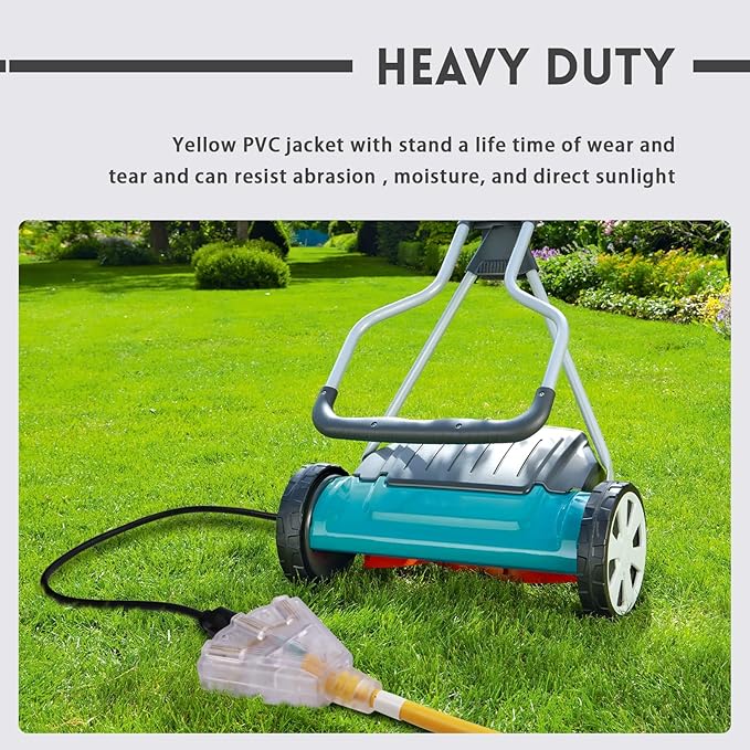 EP 10 Ft Lighted Outdoor Extension Cord with 3 Electrical Power Outlets - 14/3 SJTW Heavy Duty Yellow Extension Cable with 3 Prong Grounded Plug - Power Cord for Lawn, Garden, Appliances