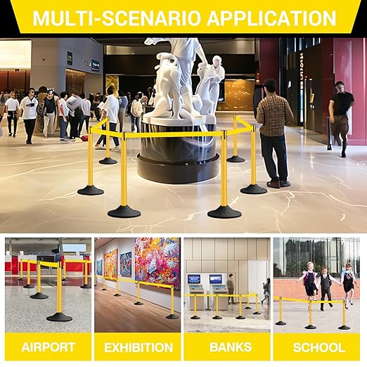 10 ft Crowd Control Stanchion Set, Crowd Control Barrier, Stanchions with Retractable Belts & Base, Retractable Stanchions, Queue Management Stanchion (6 Pole) (Yellow)