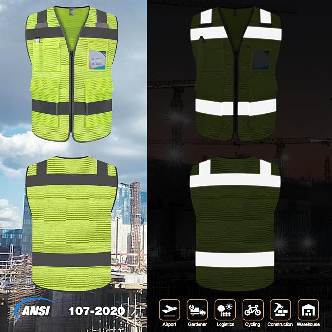 TCCFCCT Mesh Construction Vest 5 Pockets Reflective Safety Vest for Men Women, High Visibility Work Vest with Tabs for Walkie-talkie, Durable to Use, Meets ANSI/ISEA, Yellow, S