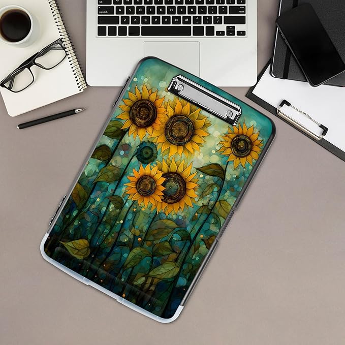 Clipboard with Storage,Office Supplies Nursing Clipboards Folder with Pen Holder Plastic Storage ClipBoard Foldable for Teacher Nurse,Art Sunflowers