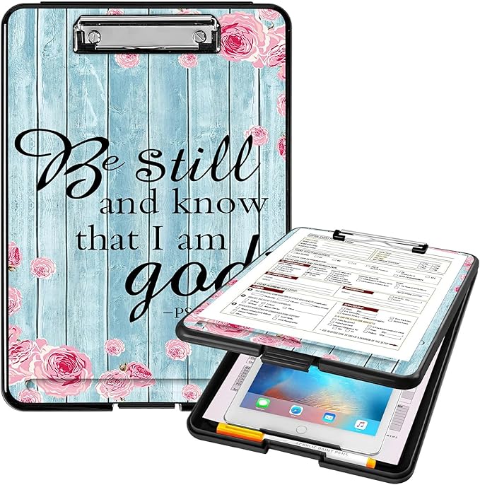 A4 Clipboards,Heavy Duty Waterproof Nursing Plastic Folder Clipboard with Storage Clip Boards,File Folder Storage Box Clipboard Case for Teacher,Doctor,Offices,Psalm 46-10 Be Still