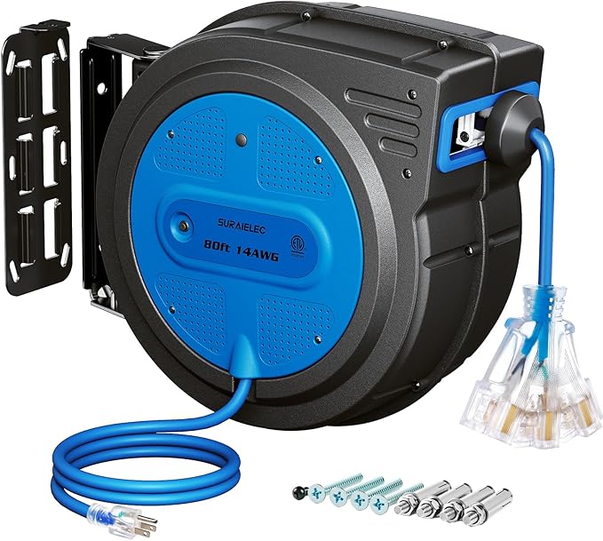 SURAIELEC 80 FT Retractable Extension Cord Reel, 14 AWG SJTOW Power Cord for Garage & Workshop, 10A Circuit Breaker, Wall/Ceiling Mount, Upgraded Anti-Tangle Roller Design, ETL Listed, Blue