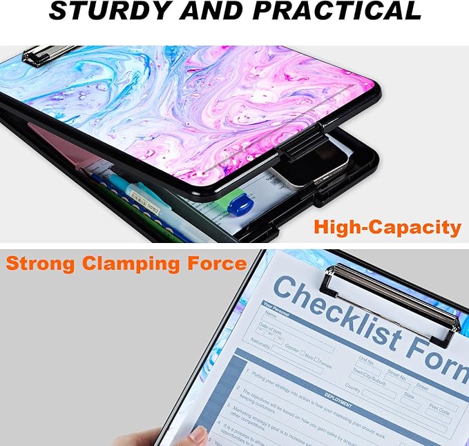 Side Opening Clipboard With 2 Storage & Pen Holder - Blue Personalized for Teachers, Nurses, Business People - Marble Enclosed Heavy Duty Contractor Clipboard