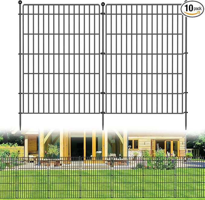10 Panels No Dig Garden Fence Animal Barrier, 44in(H) × 23.6ft(L) Decorative Metal Outdoor Dog Fence, Rustproof Pet Fencing for Yard, Patio, Flower Bed -Temporary Fencing| Easy to Install