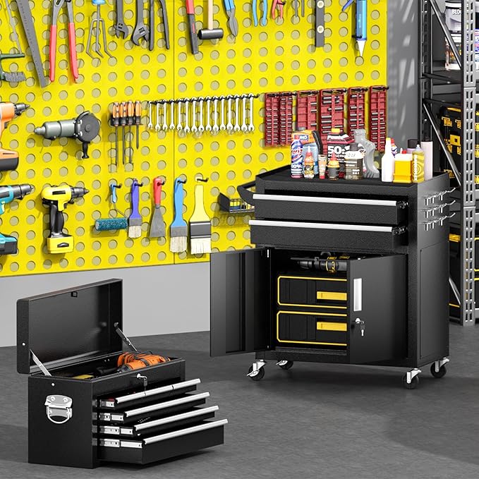Greenvelly 8-Drawer Rolling Tool Chest, Metal Tool Chest with Wheels, Tool Cabinet with Detachable Top Tool Box, Metal Tool Cart with Liner & Hooks for Garage, Workshop, Warehouse (Black)