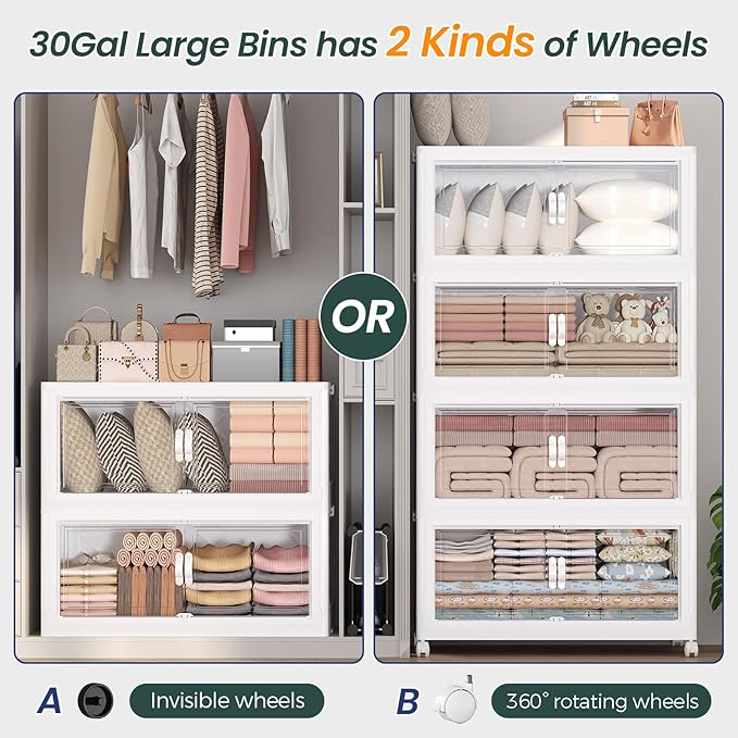 120Gal Stackable Storage Bins with Lid and Wheels, 480QT Plastic Collapsible Storage Boxes with Doors, Closet Organizer and Storage Cabinet for Home Kitchen Office Dorm Room, 4Pack White