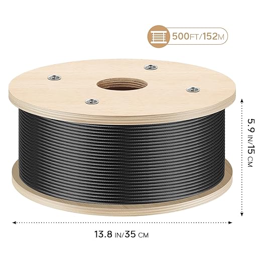 3/16" Black T316 Stainless Steel Cable, 500FT Marine Grade Black Wire Rope Aircraft Cable, 1x19 Strands for Deck Railing, Balcony, Fence, and DIY Balustrades