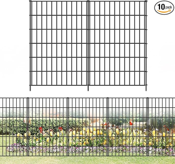 Metal Garden Fence 40in (H) x 23.3ft (L), 10 Panels + 11 Stakes Dog Fences Border Fence Animal Barrier, No Dig Garden Fencing for Yard Flower Bed Lawn Patio Outdoor, PIN402810 Black