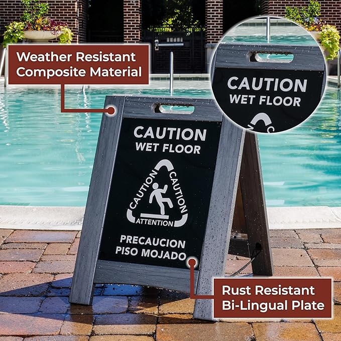 Premium Outdoor Composite Caution Wet Floor Sign – Bilingual w/Non-Skid Plastic Feet, Black Plate – For Hotels, Schools, Offices, Areas, Restrooms, Pool Decks & Shops, Grey