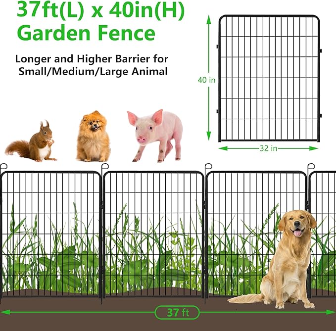 Decorative Metal Garden Fence with Gate Dog Fence Outdoor for Yard, 40in(H) x 37Ft(L) No Dig Fence 14 Panels Fencing for Dogs Animal Barrier Fence Garden Fencing for Yard, Patio, Flower Bed