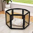 Freestanding Pet Gate for Dogs, Foldable Wooden Dog Gate for House, Extra Wide Indoor Pet Barrier for Stair, Doorway, Hall, Support Feet Included, 120 Inch Wide, 6 Panels 24",Black&Gold