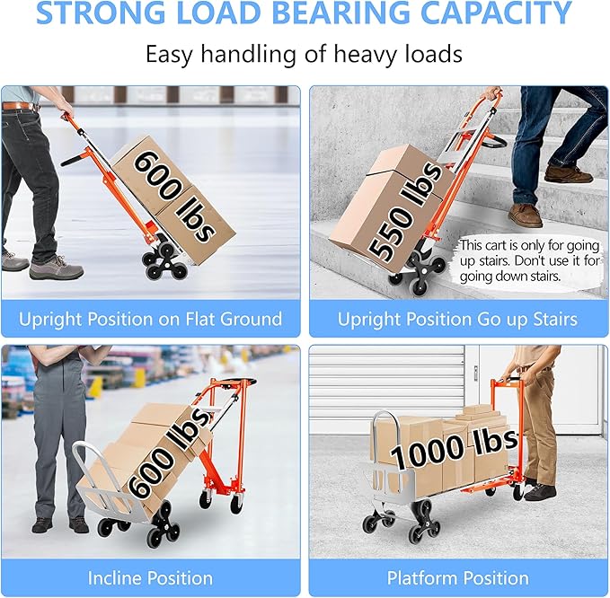 4 in 1 Industrial Convertible Stair Climbing Cart 1000 LBS Capacity, Heavy Duty Aluminum Hand Truck Dolly Cart with Solid Wheel, Folding Stair Climbing Cart Trolley for Transport Logistics Moving
