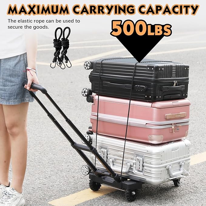 Heavy-Duty 500LB Capacity Hand Truck with One-Touch Retractable Handle & Extendable Plate, Portable Collapsible Dolly Cart with 4 Wheels w/Brakes Folding Luggage Cart for Travel/Home Use, Black