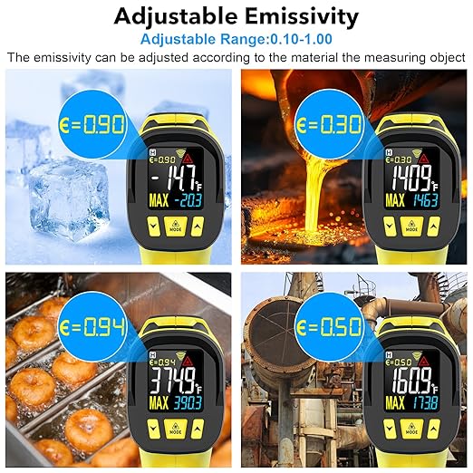 Infrared Thermometer Gun, Digital Laser Thermometrer Temperature Gun with Color LCD for Cooking, Pizza Oven, HVAC, IR Temp Gun with K-Probe, Adjustable Emissivity,-40°F to 1472°F(-40~800°C)