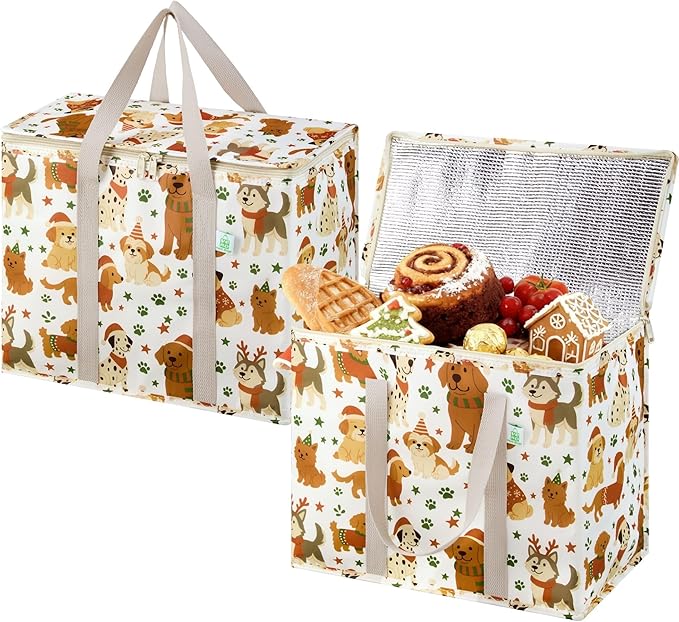 VENO 2 Pack Christmas Cooler Bag Insulated Reusable Grocery Shopping Bag, Food Delivery, Heavy Duty, Large Size, Durable Handles, Double Zippers, Lid, Collapsible (Holiday Pups, 2 Pack)