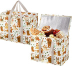 VENO 2 Pack Christmas Cooler Bag Insulated Reusable Grocery Shopping Bag, Food Delivery, Heavy Duty, Large Size, Durable Handles, Double Zippers, Lid, Collapsible (Holiday Pups, 2 Pack)