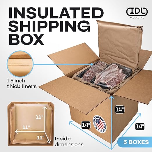 Insulated Thermal Shipping Boxes 14"x14"x14", Pack of 3 - USA-Made Cold Food Shipping Box 5.8-Gallon Capacity with Thermal Paper Liners, Absorb Condensation – Ideal for Frozen Food by IDL Packaging