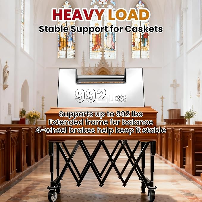 Funeral Stretcher Truck, 992LBS Folding Funeral Stretcher Cart with Dual-Locking Wheels, Dedicated Coffin Cart,Carbon Steel Mortuary Stretcher Trolley for Church,Funeral Home,Parlour,Crematoriums