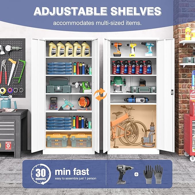 Metal Cabinet,71" Lockable Storage Cabinet with 2 Doors and 5 Adjustable Shelves,Tall Steel Cabinets for Garage,Home Office,Basement,School,Hospital(White)