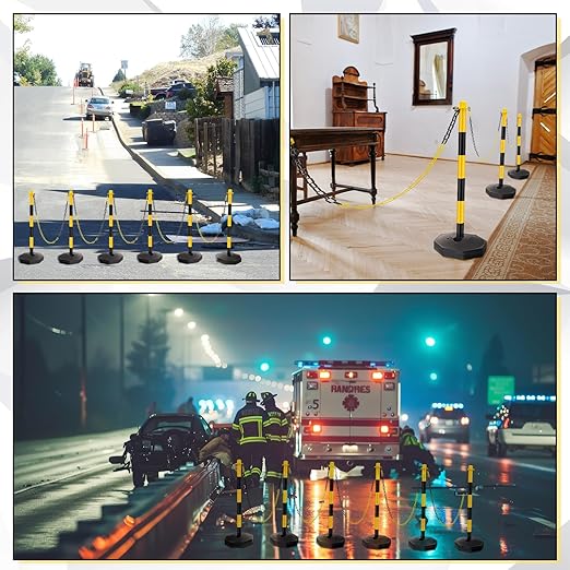 Konohan 2 Sets 34 Inch Parking Cone Delineators Post Traffic Cone Plastic Stanchion Set Stands Parking Barrier with Base 6.6 ft Chain S Hooks Reflective Collar (Yellow,Black)