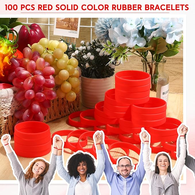 Liliful 100 Pcs Silicone Rubber Wristbands Rubber Wristband Bracelet Bands for Silicone Wristbands for Women Men(Red)