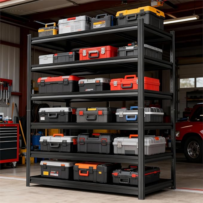 Storage Shelves, Garage Metal Shelving Unit, Adjustable, Double-Layer Column with Reinforced Ribs, Heavy-Duty, Capable of Bearing 600-3600 lbs (Black, 47''W*24''D*77''H, 6-Tier)