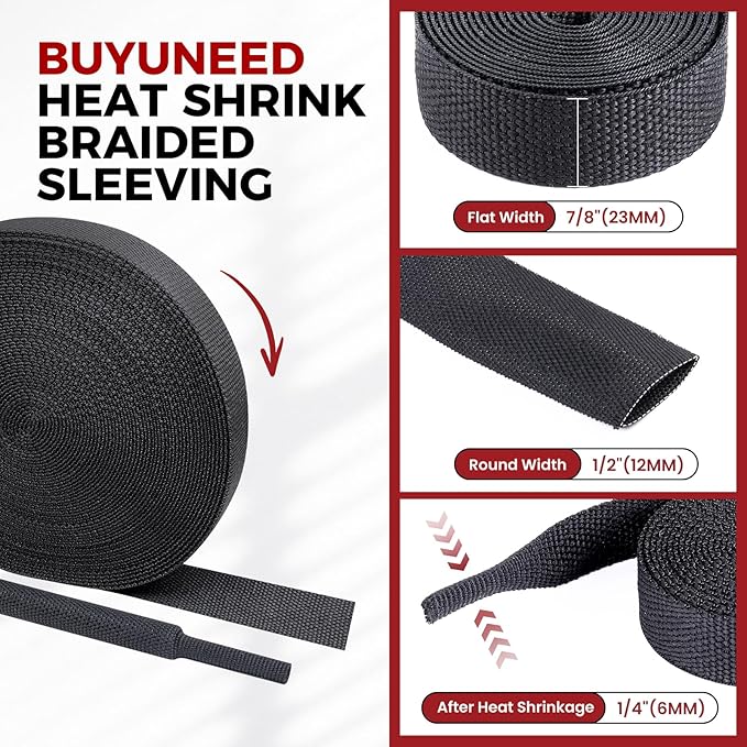 Braided Sleeving 2:1 Shrinkable Fabric Heat Shrink Tubing- Abrasion Protection Flexibility Wiring Harness Cable Sheath (1/2" ID, 30ft)