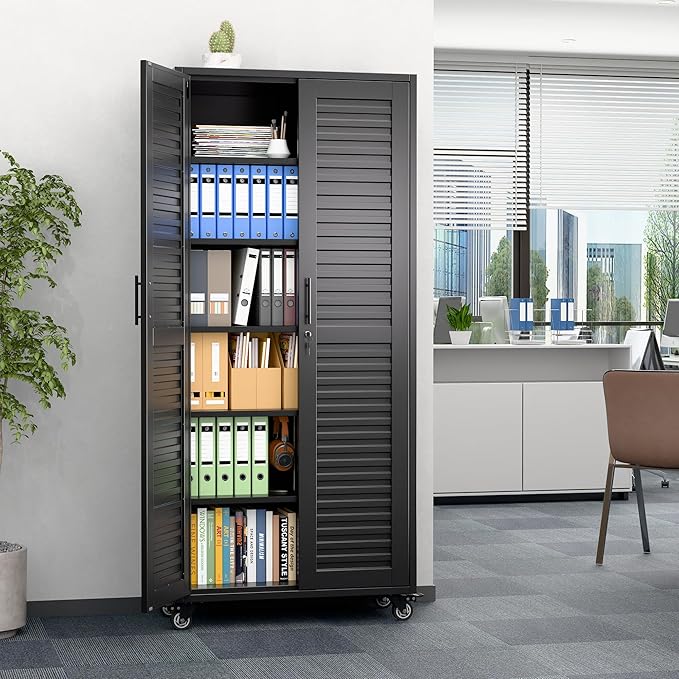 Aobabo Metal Storage Cabinet with Wheels, Locking Steel Storage Cabinet with 5 Shelves,15.75" D x 31.5" W x 71" H, for Garage School Office, Black
