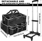 Large Rolling Cleaning Caddy Bag, Cleaning Caddy with Wheels with Detachable Trolley for Housekeepers, Water Resistant Cleaner Supplies Organizer with Wheels for Kitchen, Car, Picnic (Black-Grey)