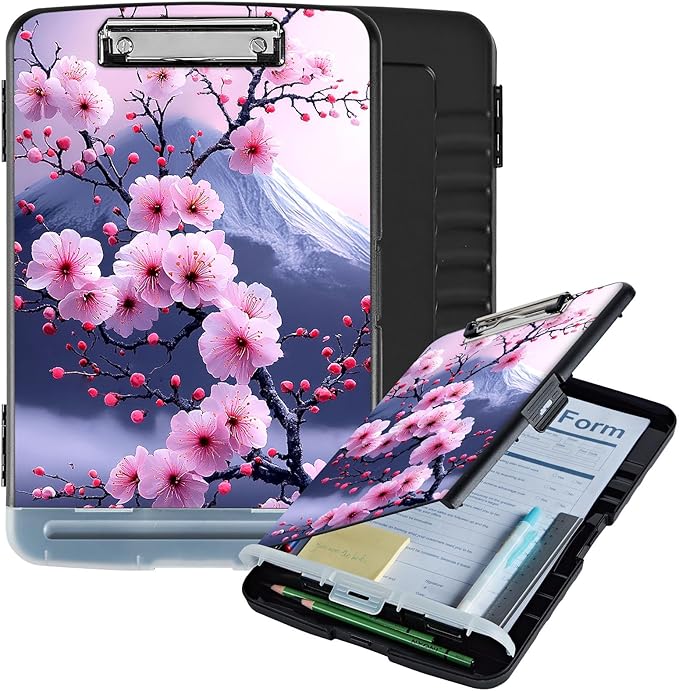Clipboard with Storage Box & Pen Holder,Heavy Duty Clip Boards 8.5x11 for Nursing,High Capacity,School & Office Supplies,Cherry Blossom Mount