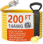 HUANCHAIN 200 ft 14/3 Gauge Heavy Duty Outdoor Extension Cord Waterproof with Lighted, Flexible Cold Weather 3 Prong Electric Cord Outside, 13A 1625W 125V 14AWG SJTW, Yellow, ETL Listed