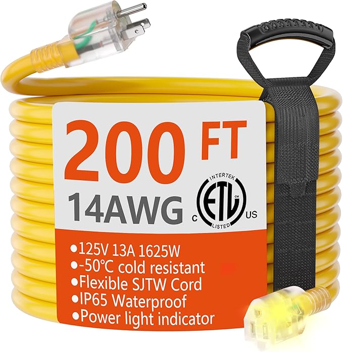 HUANCHAIN 200 ft 14/3 Gauge Heavy Duty Outdoor Extension Cord Waterproof with Lighted, Flexible Cold Weather 3 Prong Electric Cord Outside, 13A 1625W 125V 14AWG SJTW, Yellow, ETL Listed