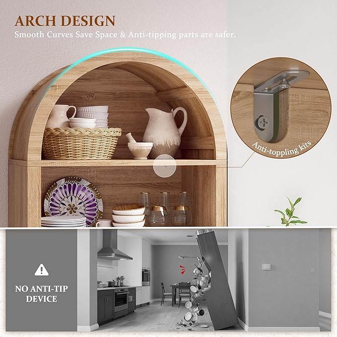 Arched Storage Cabinet, 5-Tier Pantry Cabinet with Fluted Doors, Arched Cabinet with Open & Adjustable Shelves, Versatile Cupboard for Dining Room, Living Room, Light Oak