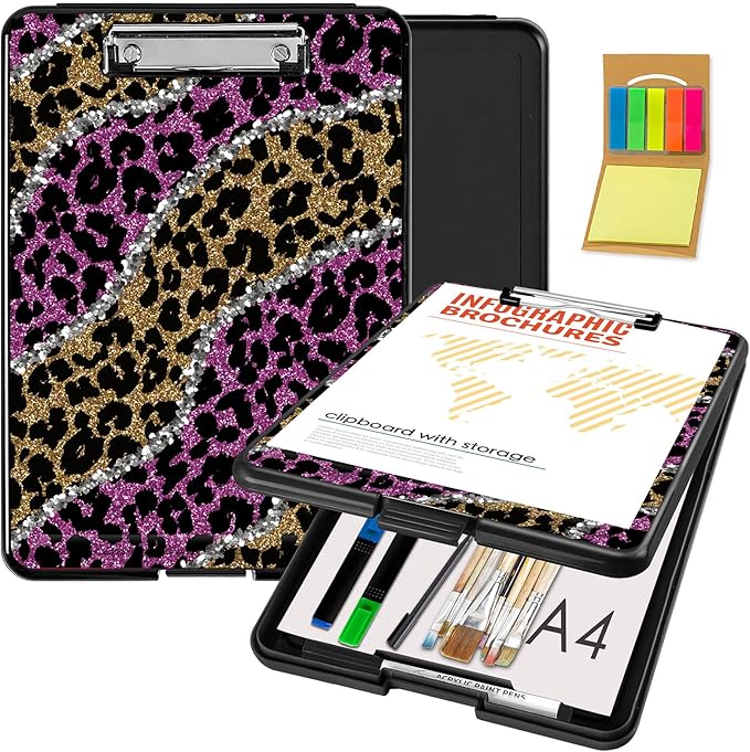 Clipboard with Storage,Office Supplies Nursing Clipboards Folder with Pen Holder Plastic Foldable Clip Board with Storage for Nurse Teacher,Pink Golden Leopard