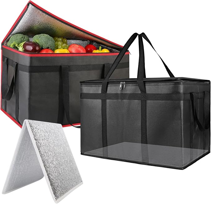 2PK Insulated Food Delivery Bag with Baseboard — Reusable Thermal Cooler Grocery Bags for Catering & Delivery, Pizza Carrier for Events, Large Capacity Bag Keeps Food Hot/Cold for Travel, Commercial