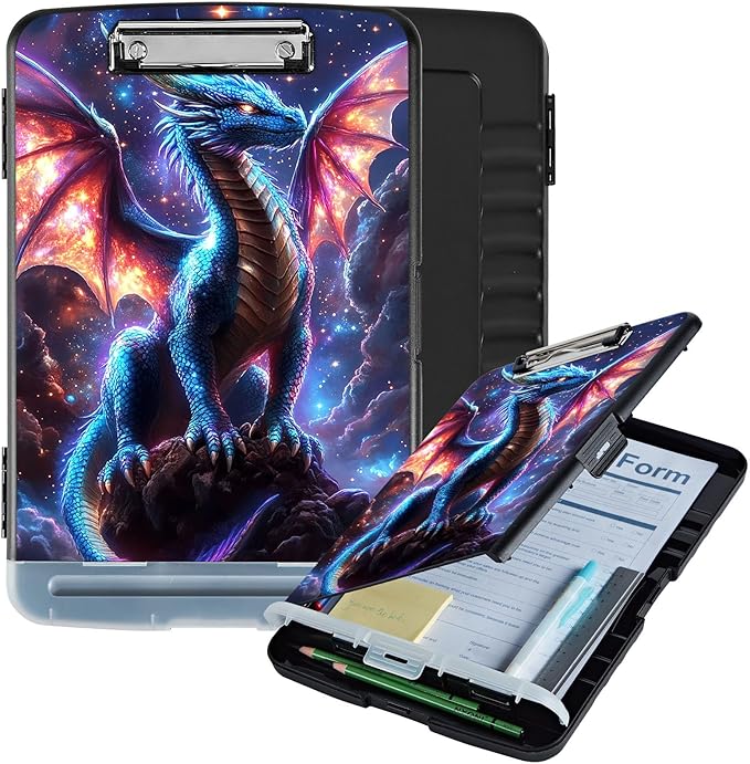 Clipboard with Storage Box & Pen Holder,Heavy Duty Clip Boards 8.5x11 for Nursing,High Capacity,School & Office Supplies,Galactic Dragon