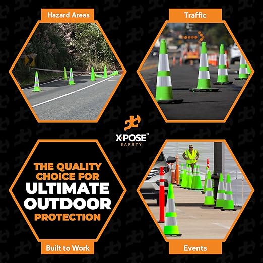 Xpose Safety 36” Lime Green Traffic Cone Dual 6" & 4" Reflective Collar – 8 Pack Multipurpose Premium PVC Safety Cone for Parking, Caution, Construction, Road Crews, Emergency Vehicle - DOT Approved