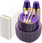 700PCS Clear Purple Plastic Plates for 100 Guests, Disposable Plate with Gold Trim include 100 Dinner plates, 100 Dessert Plates, 100 Gold Silverware, Cups and Napkins for Party, Graduation