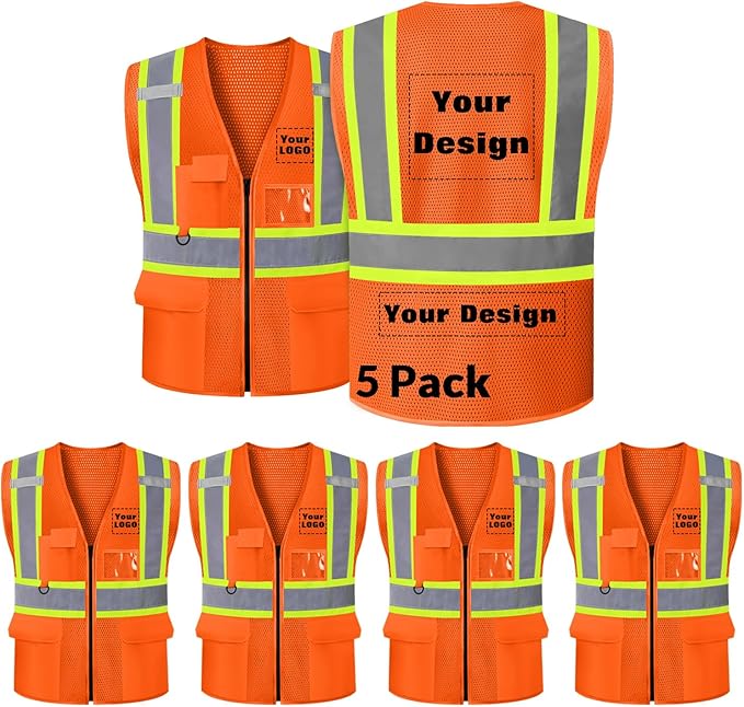 Safety Vest Customize Logo with 5 Pockets & Zipper Reflective High Visibility Vest Class 2 Outdoor Workwear