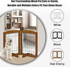 LZRS 2-Panel Freestanding Adjustable Wooden Dog Gate—30” Tall Foldable Pet Barrier with Support Feet, Solid Hardwood & Chew-Resistant Steel Wire for Doorways, Hallways, and Stairs, Oak Cherry
