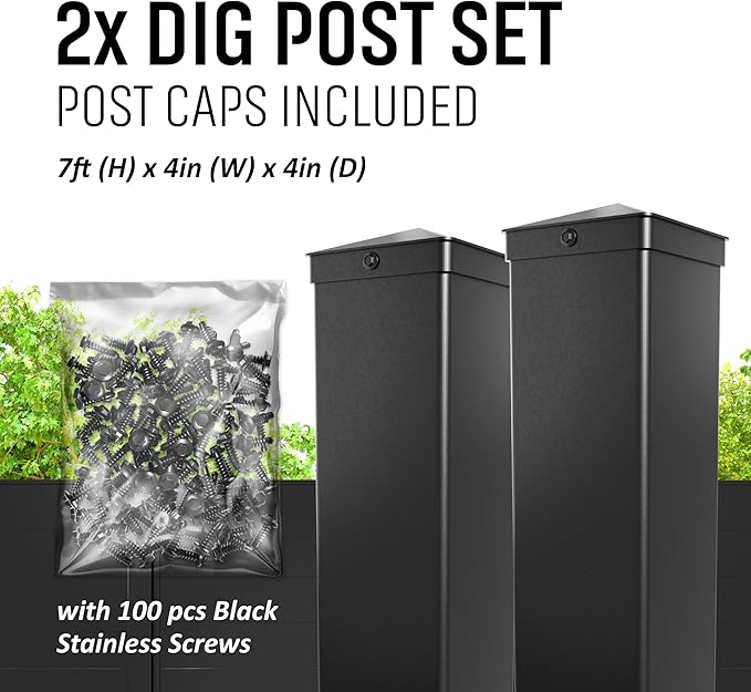 Black Panel & Post Aluminum Privacy Fence Kit – (2) 4"x4"x9' Matte Black Dig & Set Posts with Caps, (1) 72" W x 46" H Fence Panel, (100) Screws