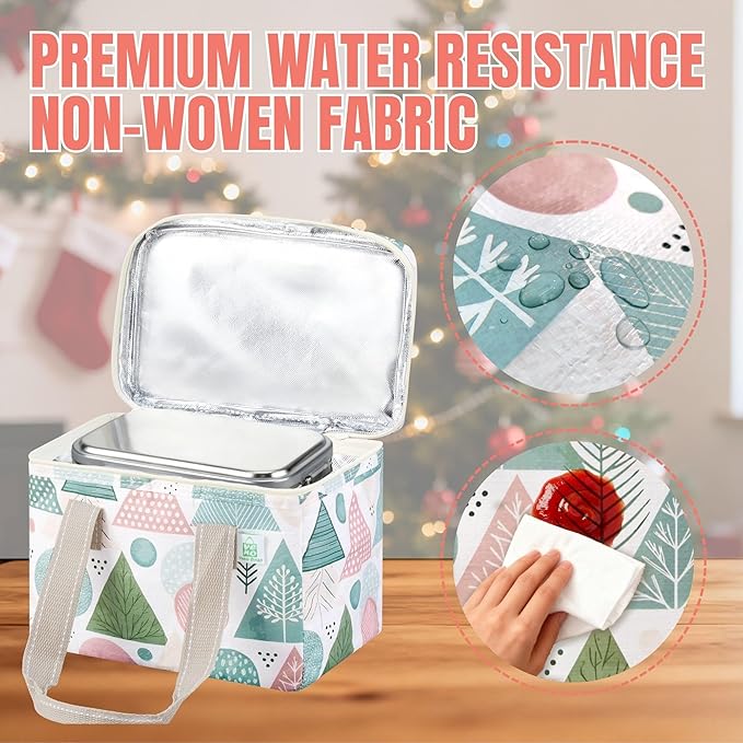 VENO 2 Pack Christmas Insulated Lunch Bag for Women Men, Reusable Lunch Box Grocery Shopping Bag Small Cooler with Handles Zippers for Work Office Picnic Beach (Pastel Forest)