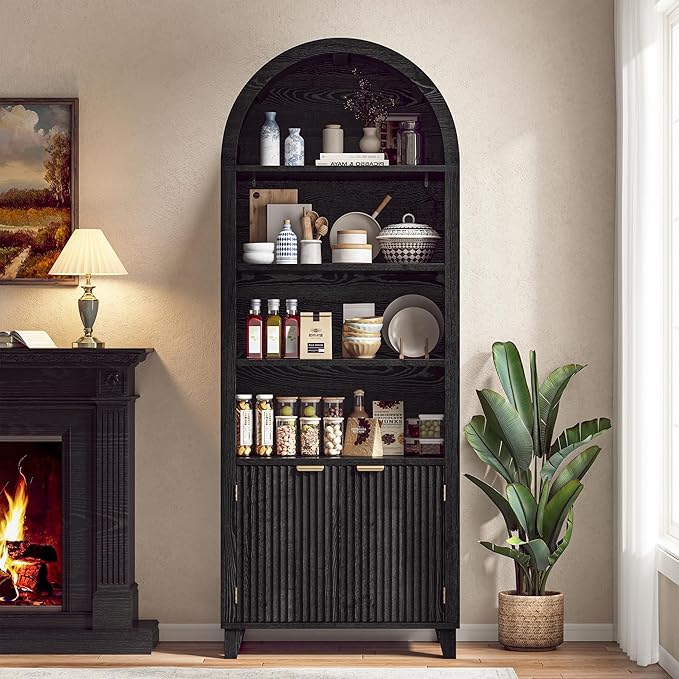 79.9" Tall Arched Pantry Cabinet, 6-Tier Kitchen Pantry Cabinet with Fluted Doors, Arch Storage Cabinet with Open & Adjustable Shelves, Versatile Cupboard for Dining Room, Living Room,Black